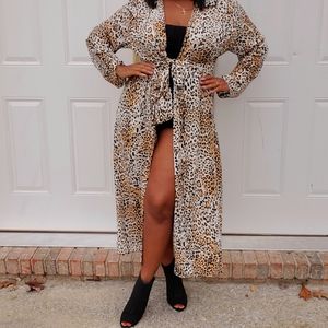 Plus Size Long Sleeve Animal Print Belted Trench Coat